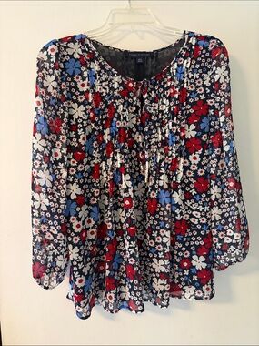 Tommy Hilfiger Navy Floral Tie-Neck Blouse with Red & White Flowers